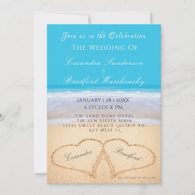 Invitation Plage Mariage 2 Coeurs Sable Mariage Océan Bleu (Devant)