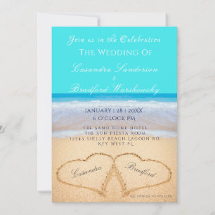 Invitation Plage Mariage 2 Coeurs Sable Turquoise bleu