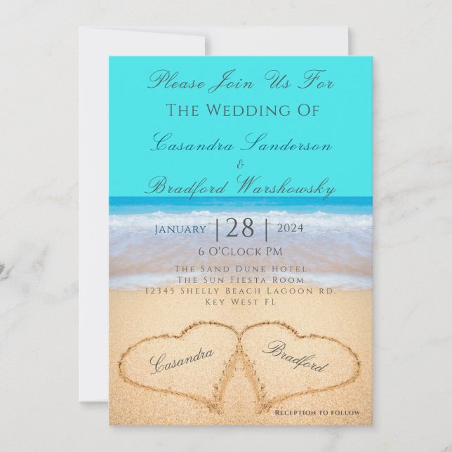 Invitation Plage Mariage 2 Coeurs Sable Turquoise Bleu Invita (Devant)