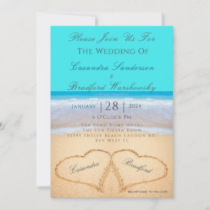 Invitation Plage Mariage 2 Coeurs Sable Turquoise Bleu Invita