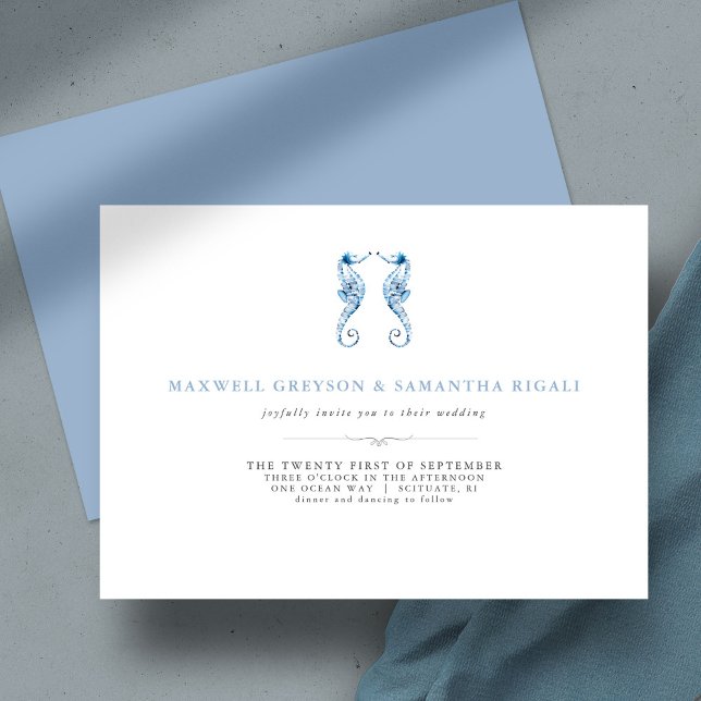 Invitation Plage Mariage bleu Aquarelle Seahorses (Beach Wedding Invitations Blue Watercolor Seahorses unique art by Victoria Grigaliunas )