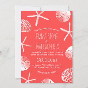 Invitation Plage Mariage Corail Rouge Starfish & Seashells