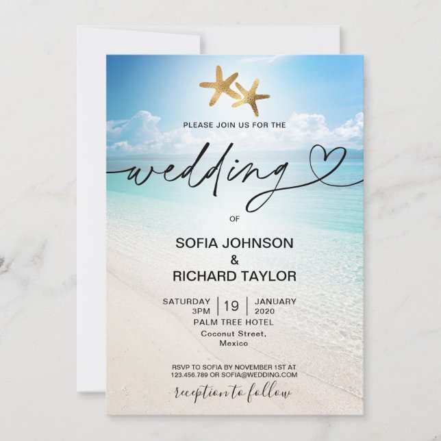 Invitation plage mariage destination tropical étoile mer (Devant)