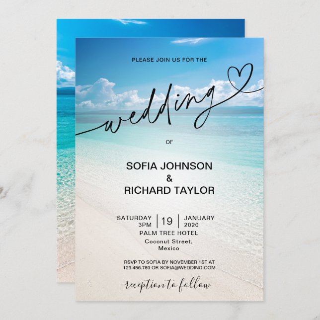 Invitation plage mariage destination tropicale été mer invi (Devant / Derrière)