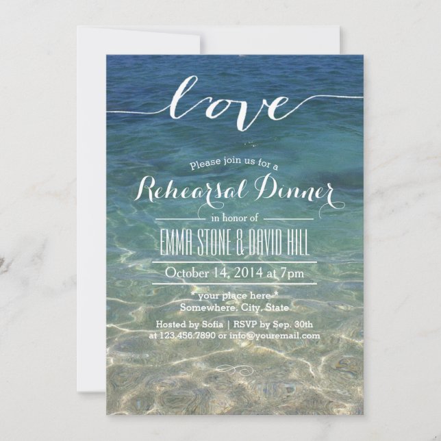 Invitation Plage Mariage Élégant Script Love Dîner de répétit (Devant)