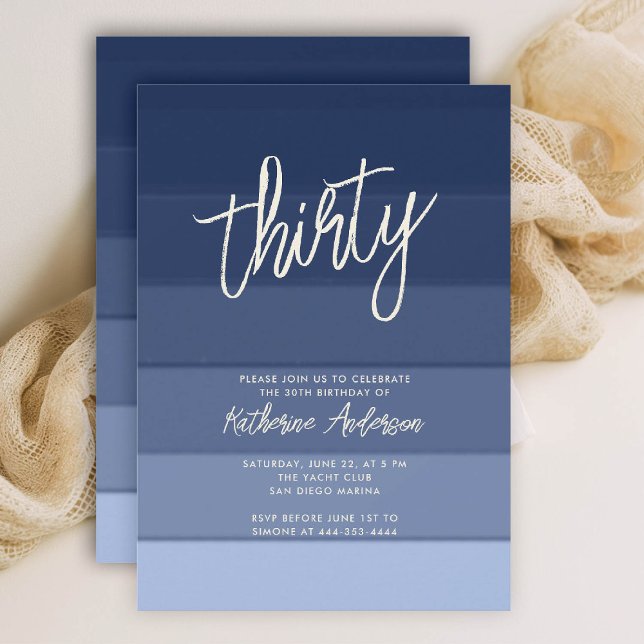 Invitation Plage Marine Nautique Stripes Moderne 30e annivers (30TH birthday invitation her coastal nautical boat yacht beach waterfront ocean marina stripes)