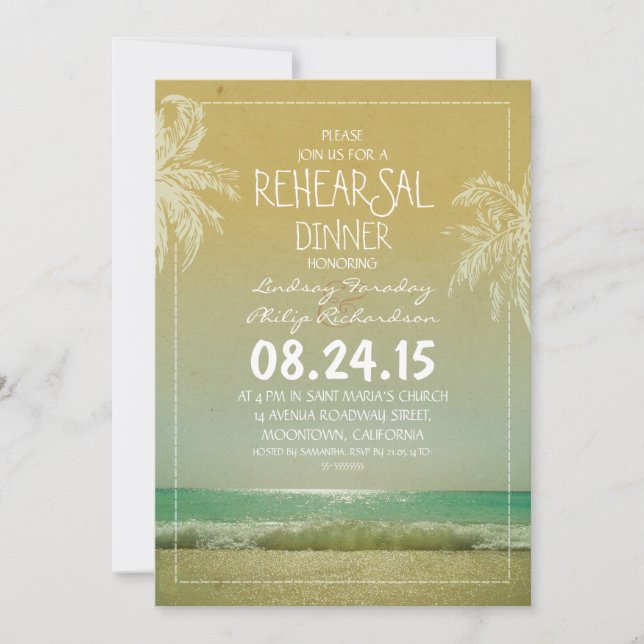 Invitation plage mer vagues & palmiers répétition dîner invit (Devant)