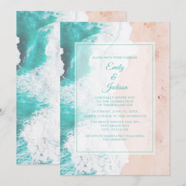 Invitation Plage Océan Tropical Bleu Blanc Marron Mariage #1 (Devant / Derrière)