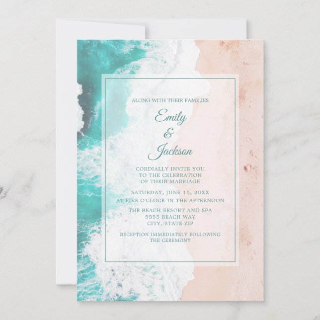 Invitation Plage Océan Tropical Sarcelle Blanc Marron Mariage (Devant)