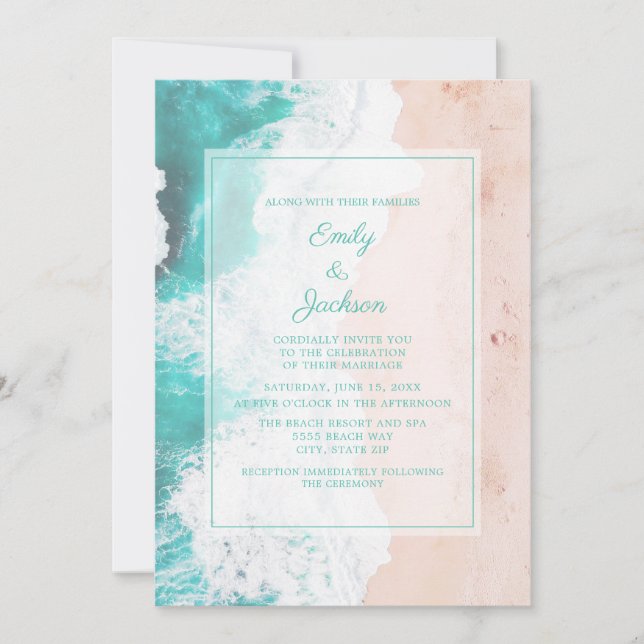 Invitation Plage Océan Tropical Turquoise Blanc Brown Mariage (Devant)