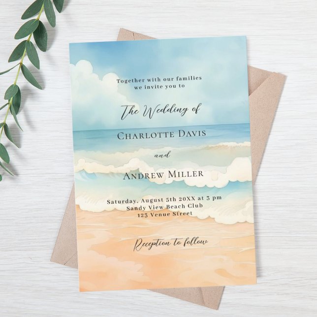 Invitation Plage océan vagues bleu beige luxe mariage (Créateur téléchargé)