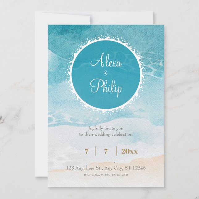 Invitation Plage, Ocean Watercolor Arrière - plan Mariage (Devant)
