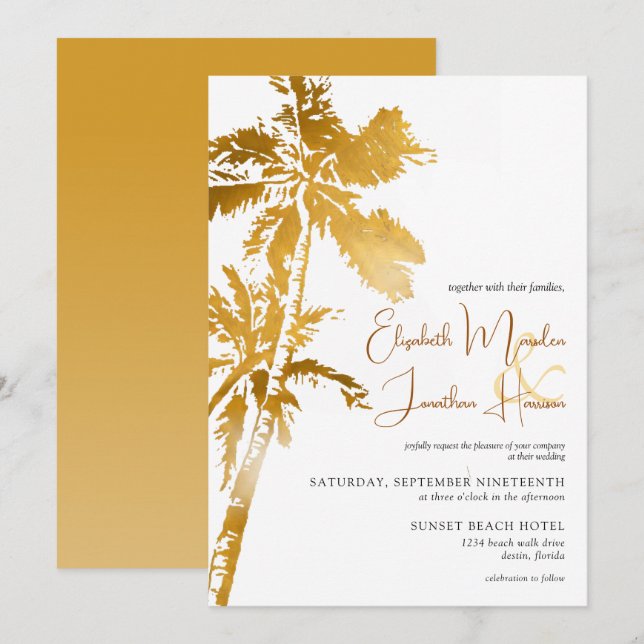 Invitation Plage Palm Trees Gold Tropical Destination (Devant / Derrière)