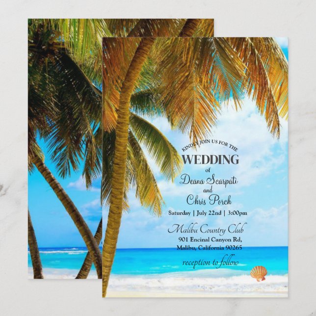 Invitation Plage Palm Trees Océan Destination Mariage (Devant / Derrière)