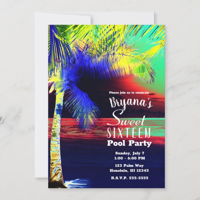 Invitation Plage Palmier Couleur Néo-Tropicale Sweet 16 (Devant)