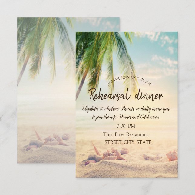 Invitation Plage, Palmier, Étoile de mer, Coquillage Dîner de (Devant / Derrière)