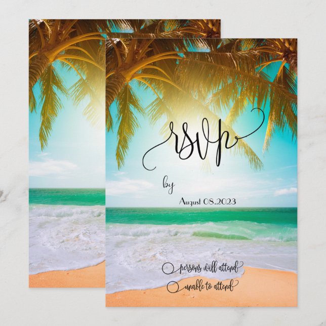 Invitation Plage,Palmiers,Soleil,Lumières Guirlande Script RS (Devant / Derrière)