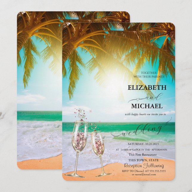Invitation Plage,Palmiers,Soleil,Lumières,Mariage Script Poli (Devant / Derrière)