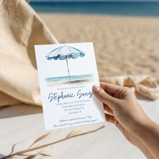 Invitation Plage, Parasol Bleu et Blanc, Réception de Mariage (Créateur téléchargé)