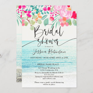Invitation Plage photo rose floral aquarelle nuptiale