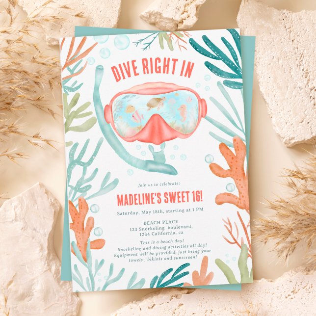 Invitation Plage Plage Plongée aquarelle mer vie douce 16 (Beach Scuba diving watercolor sea life Sweet 16 Invitation)