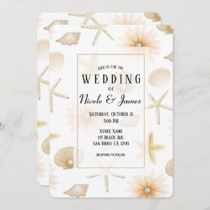 Invitation Plage Poche Coquillages & Fleurs Mariage moderne