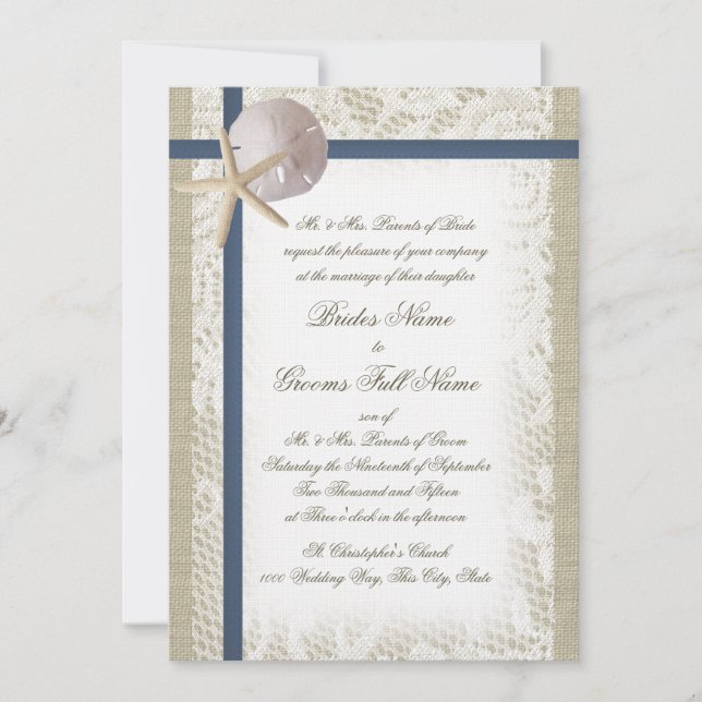 Invitation Plage romantique Burlap et dentelle Marine Bleu (Devant)