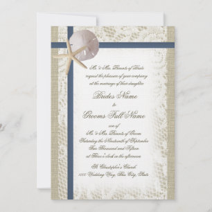 Invitation Plage romantique Burlap et dentelle Marine Bleu