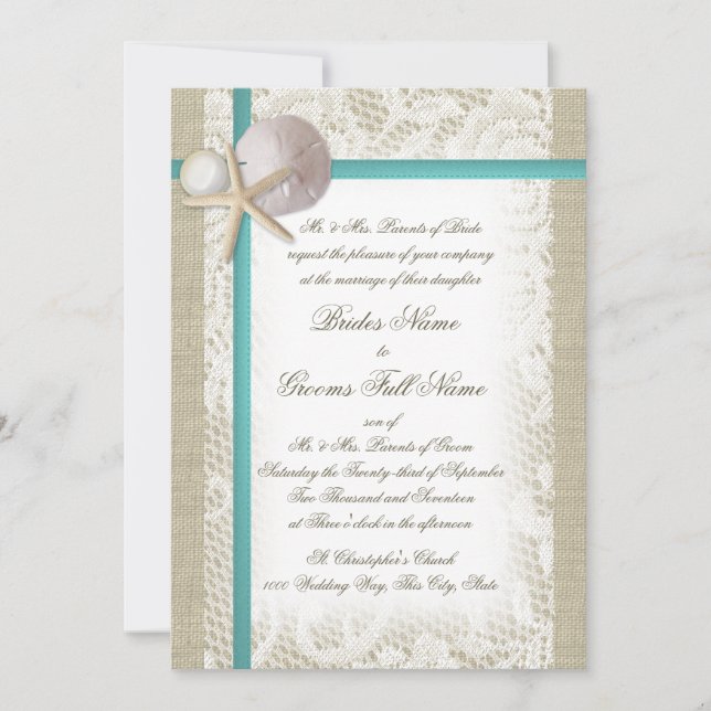 Invitation Plage romantique rustique et Pearl Aqua (Devant)