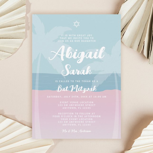 Invitation Plage rose bleu tropical Palm Trees Bat mitzvah (Créateur téléchargé)