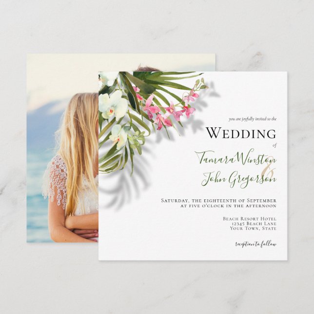 Invitation Plage rose Floral Palms Tropical Mariage photo (Devant / Derrière)