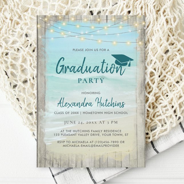 Invitation Plage Rustique Bois Chaîne Lumières Graduation Par (Créateur téléchargé)