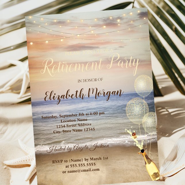 Invitation Plage Sable Ciel Ballons, Fête de retraite au vin  (Créateur téléchargé)