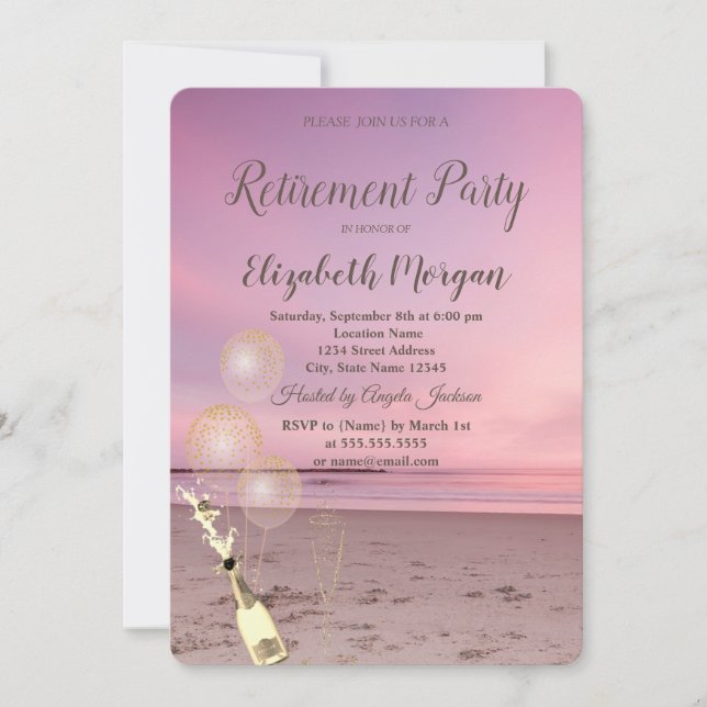 Invitation Plage Sable Coucher de soleil Ballons,Vin Retraite (Devant)