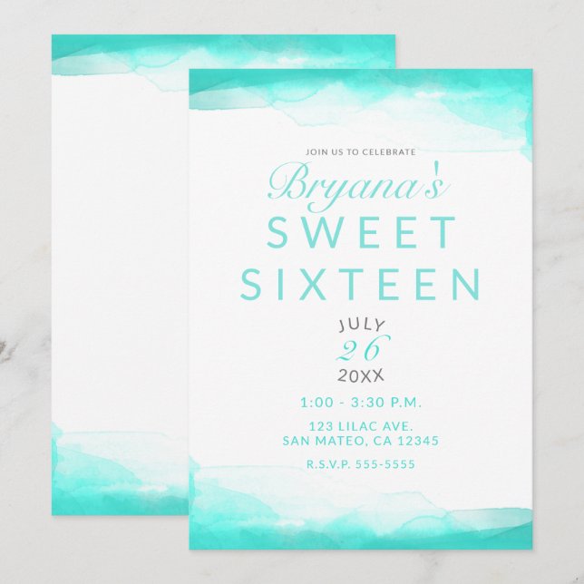 Invitation Plage sarcelle Aqua aquarelle Moderne chic Douce 1 (Devant / Derrière)