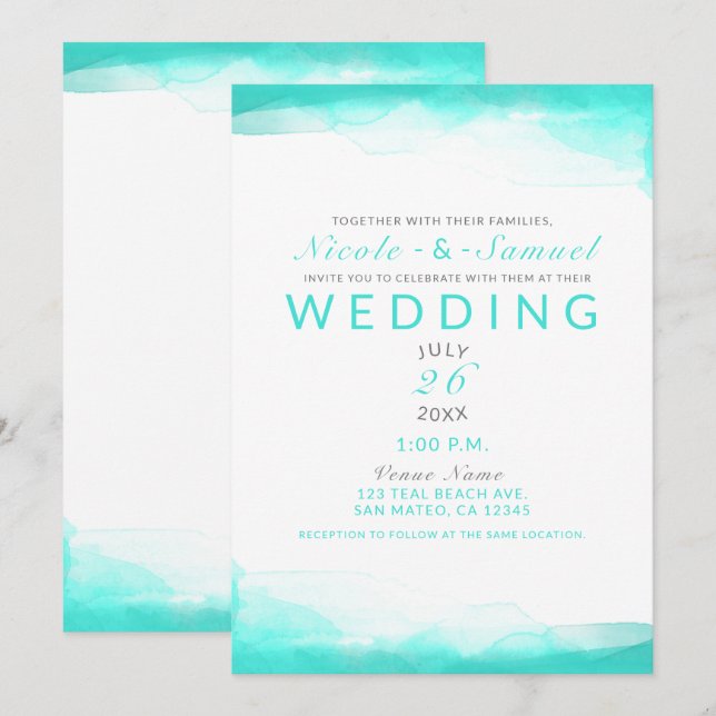 Invitation Plage sarcelle Eau bleu aqua Aquarelle Mariage Mod (Devant / Derrière)