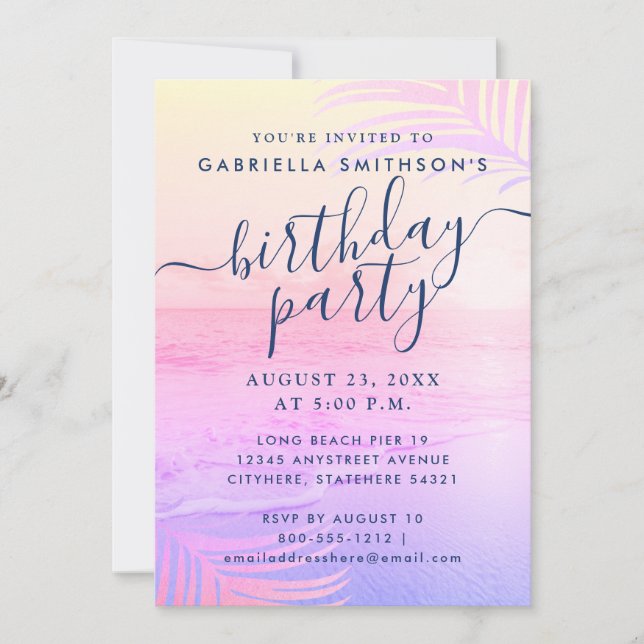 Invitation Plage Sunset Bright Pastel Pink Filtre Anniversair (Devant)