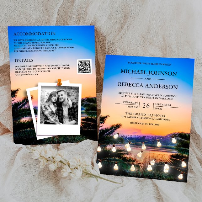 Invitation Plage Sunset String Lights Photo QR Code Mariage (Créateur téléchargé)