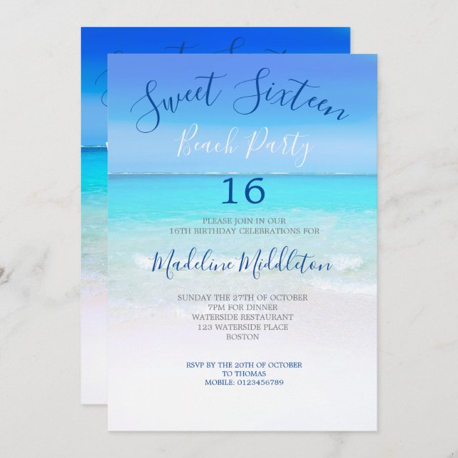 Invitation Plage Sweet sixteen bleu photo Anniversaire (Devant / Derrière)