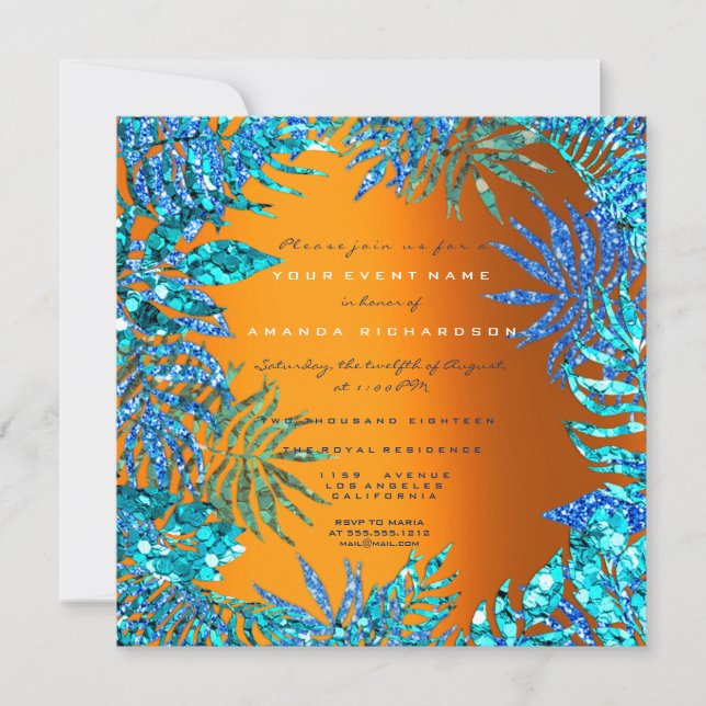 Invitation Plage Tropical Fern Leaf Ocean Blue Orange Parties (Devant)