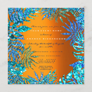 Invitation Plage Tropical Fern Leaf Ocean Blue Orange Parties