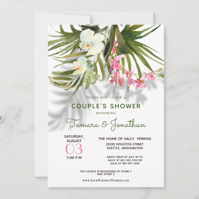 Invitation Plage Tropical Floral Shadows Douche Couple (Devant)