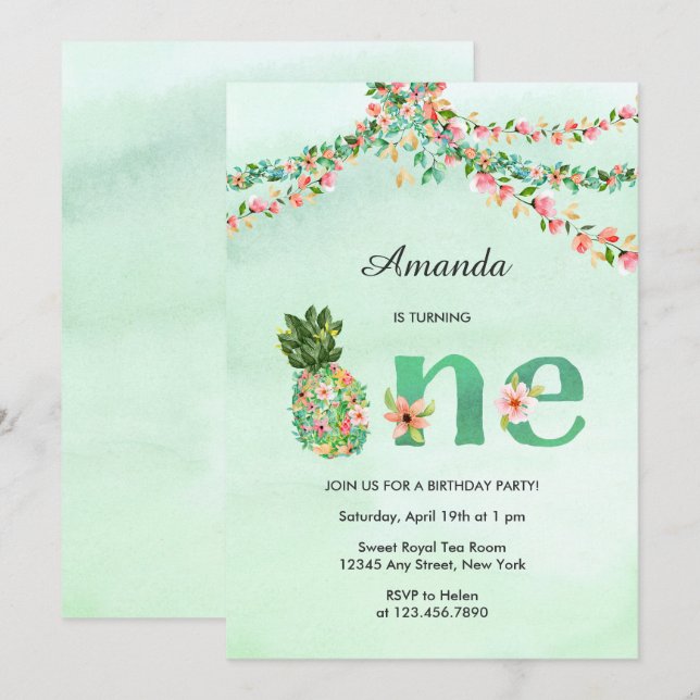 Invitation Plage tropicale Aquarelle florale Premier annivers (Devant / Derrière)