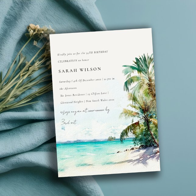 Invitation Plage tropicale aquarelle Palm Tree Anniversaire (Créateur téléchargé)