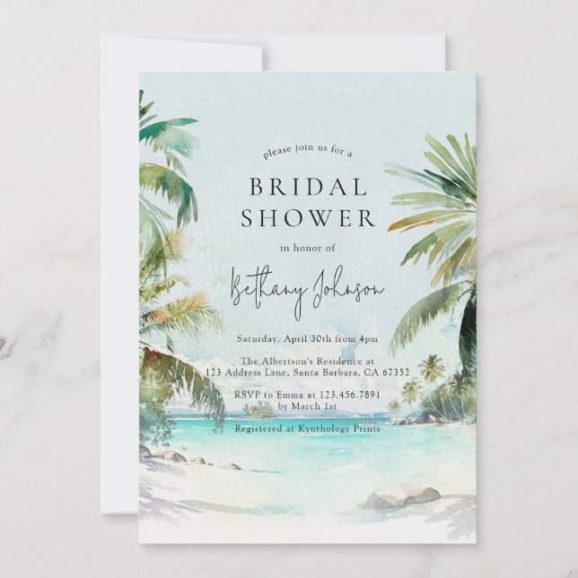Invitation Plage tropicale aquarelle Palm Tree Fête des marié (Devant)