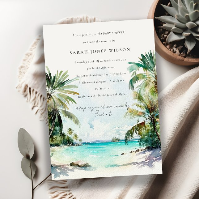 Invitation Plage tropicale aquarelle Palm Trees Baby shower (Créateur téléchargé)