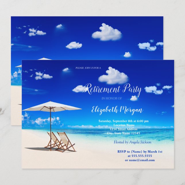 Invitation Plage tropicale, chaise sable nuages fête de retra (Devant / Derrière)