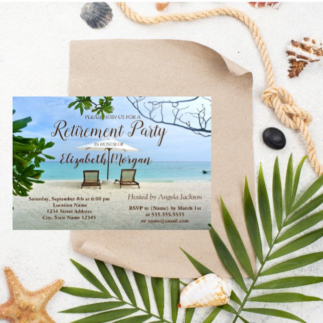 Invitation Plage tropicale, chaises fête de retraite (Créateur téléchargé)