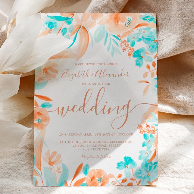 Invitation Plage tropicale corail bleu mariage chic floral (Tropical beach blue coral floral chic wedding invitation)