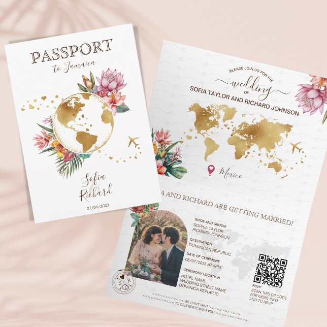 Invitation Plage tropicale Destination Mariage Passeport QR C (gold world map and tropical flowers passport wedding invitation)